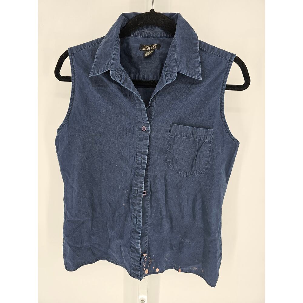 Jessi Lee Women's Sleeveless Blue Collared Button Down Cotton Tank Top Size 12